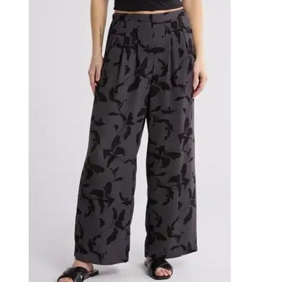 Nordstrom Rack Black Gray Floral Tailored Pleated Wide Leg Flowy Pants Small - Picture 1 of 7